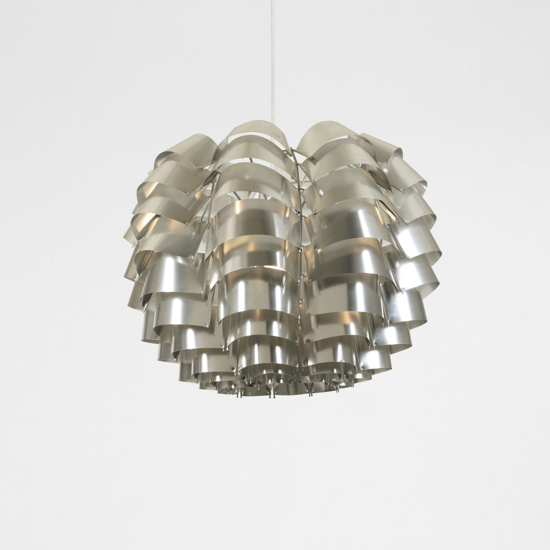 Max Sauze Orion chandelier: Max Sauze Orion chandelier France, 1967 aluminum, steel 18 dia x 15 h inches Signed with decal manufacturer's label to shade: [Max Sauze France]. Literature: La Maison Francaise, September 1968, pg. 9