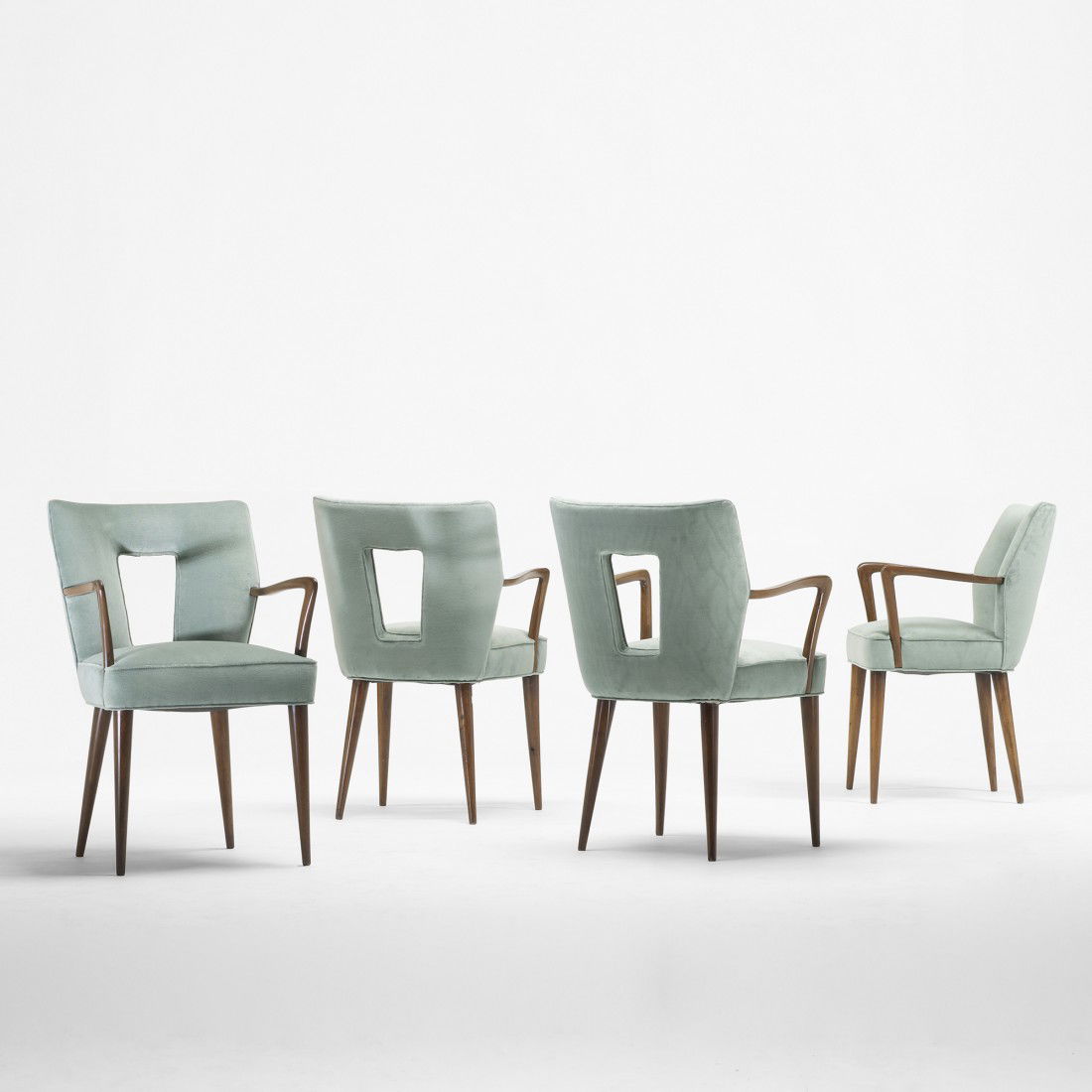 Paolo Buffa set of four armchairs: Paolo Buffa set of four armchairs from Hotel Bristol, Merano Italy, c. 1950 upholstery, walnut 20.25 w x 23 d x 33 h inches Literature: Hotel Bristol, Hoelzl, ppg. 66-67, 69 Provenance: Hotel Bristol,