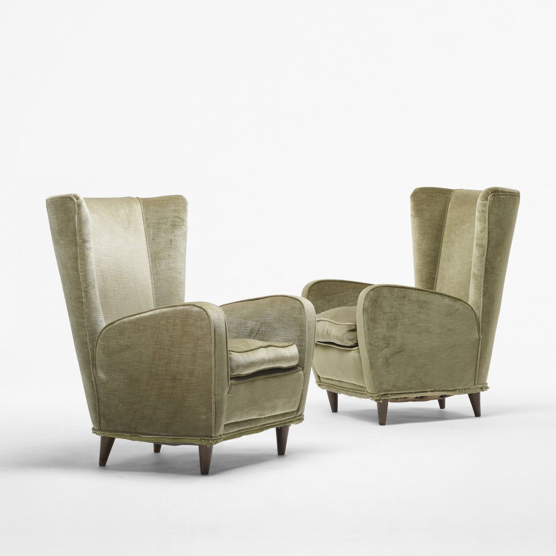 Paolo Buffa pair of lounge chairs: Paolo Buffa pair of lounge chairs from the Hotel Bristol, Merano Italy, c. 1950 upholstery, Italian walnut 28.5 w x 29 d x 35 h inches Provenance: Hotel Bristol, Merano | Private collection