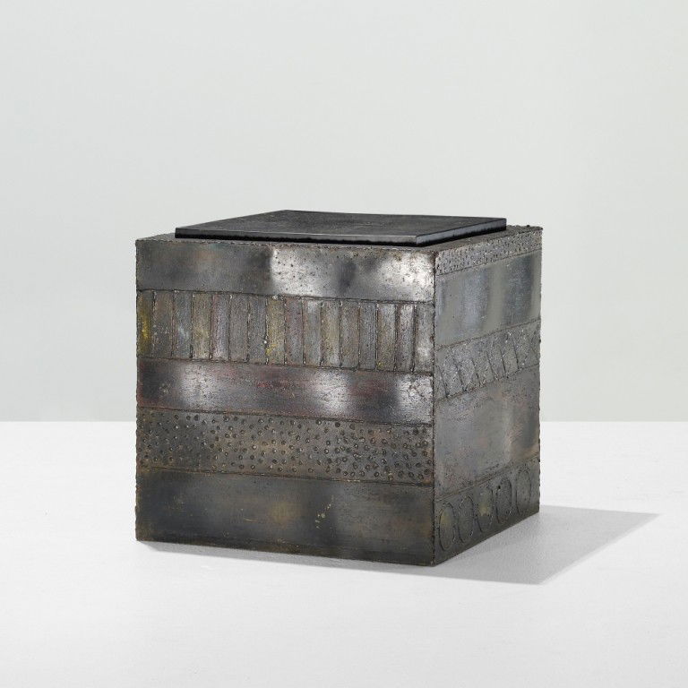 Paul Evans cube table: Paul Evans cube table Paul Evans Studio for Directional USA, c. 1970 welded and patinated steel, slate 22.5 w x 22.5 d x 22 h inches Provenance: Collection of John R. Eckel, Jr.