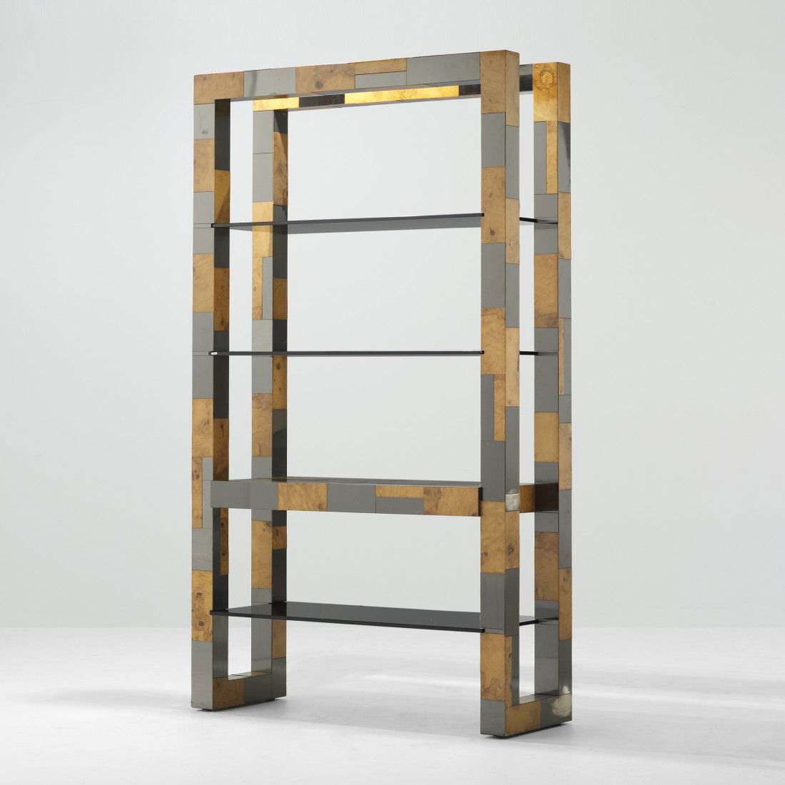 Paul Evans Cityscape bookcase: Paul Evans Cityscape bookcase Paul Evans Studio for Directional USA, c. 1975 maple burl, chrome-plated steel, glass 48 w x 18 d x 84.5 h inches Impressed signature to edge: [An Original Paul Evans]. P
