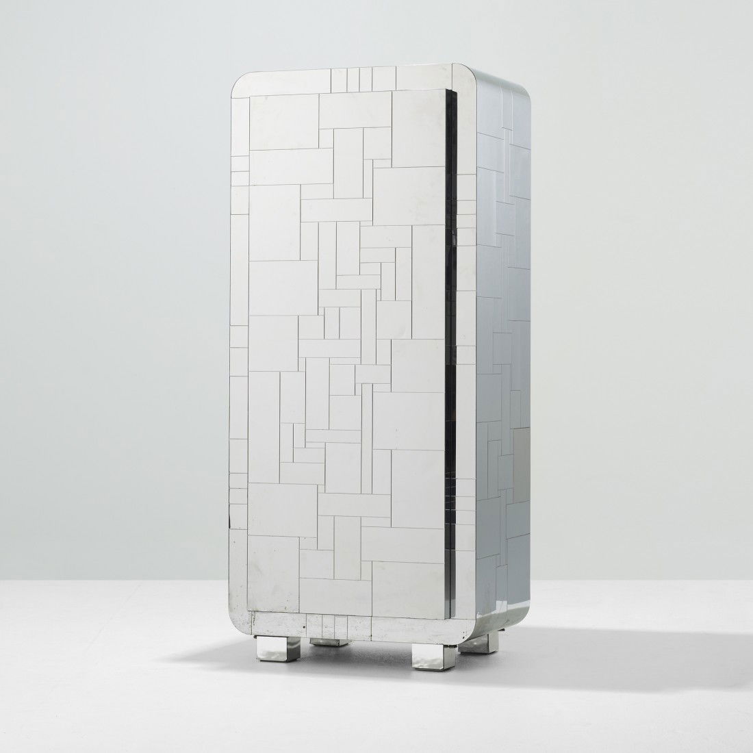 Paul Evans Cityscape cabinet: Paul Evans Cityscape cabinet Paul Evans Studio for Directional USA, c. 1975 chrome-plated steel 28 w x 20 d x 62.5 h inches Cabinet features one door concealing two adjustable shelves. Impressed signa