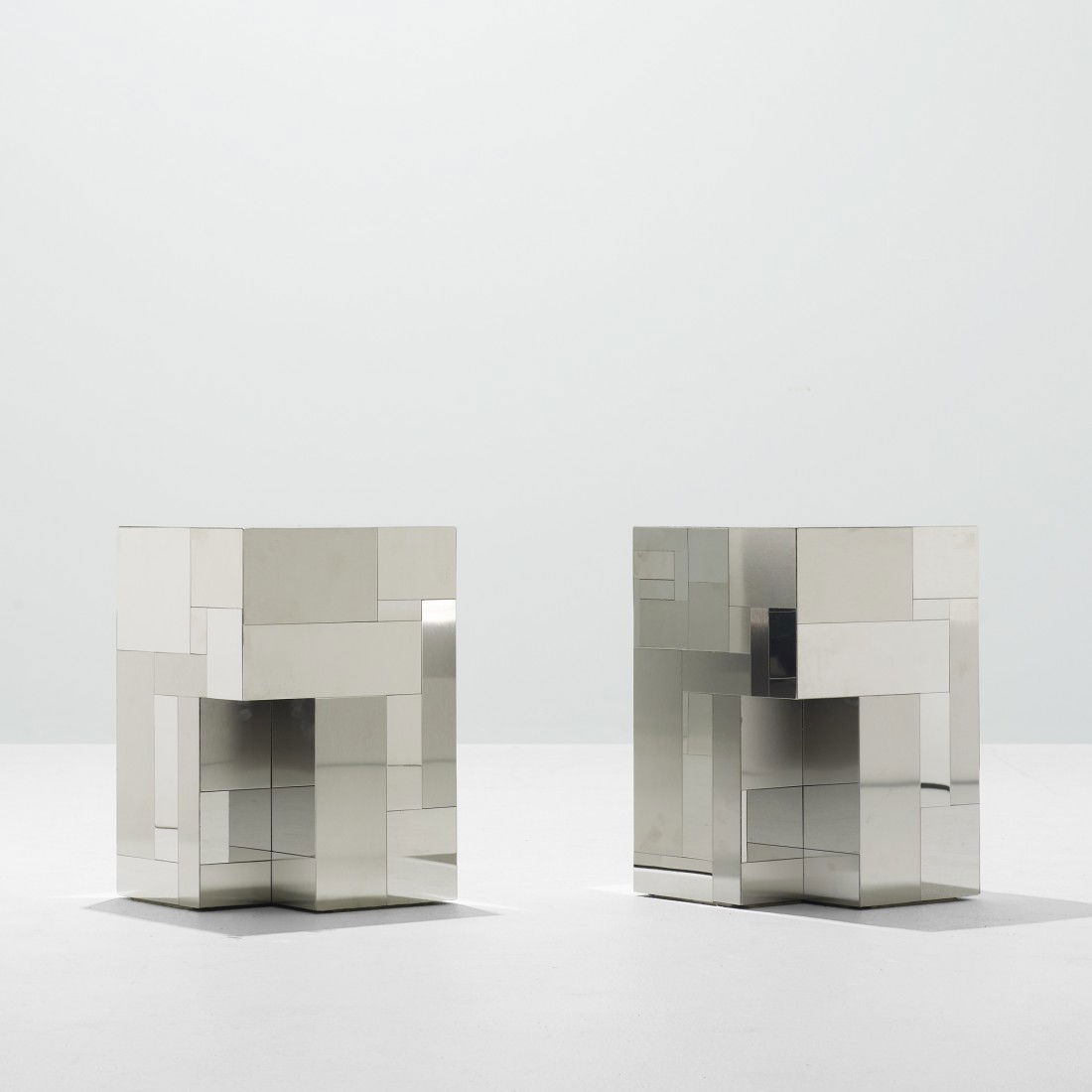 Paul Evans Cityscape occasional tables, pair: Paul Evans Cityscape occasional tables, pair Paul Evans Studio for Directional USA, c. 1970 chrome-plated steel 12 w x 12 d x 18 h inches Provenance: Collection of John R. Eckel, Jr.