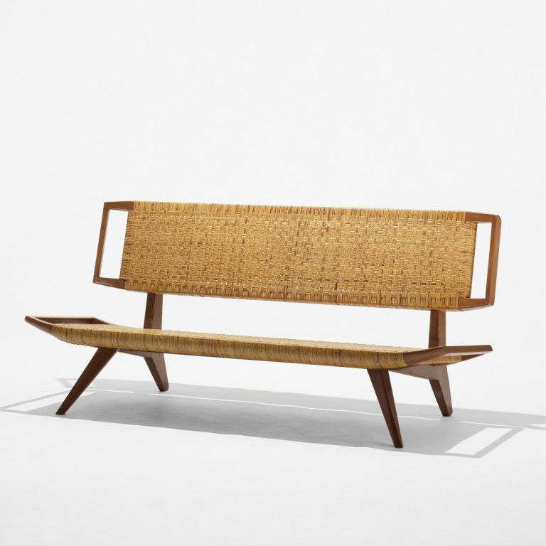 Paul Laszlo settee: Paul Laszlo settee Glenn Of California USA, 1950 walnut, cane 71 w x 27 d x 32 h inches