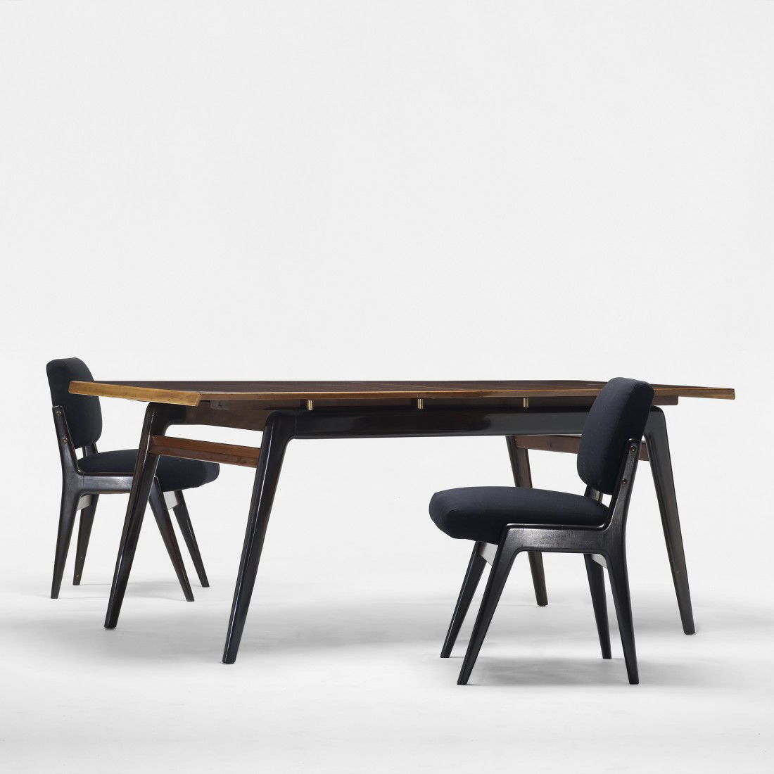 Robin Day dining set: Robin Day dining set Hille United Kingdom, 1949 figured English walnut, lacquered mahogany, mahogany, upholstery, maple, brass 71.5 w x 36 d x 29.5 h inches Chairs measure 24.25 w x 22 d x 31.5 h inch