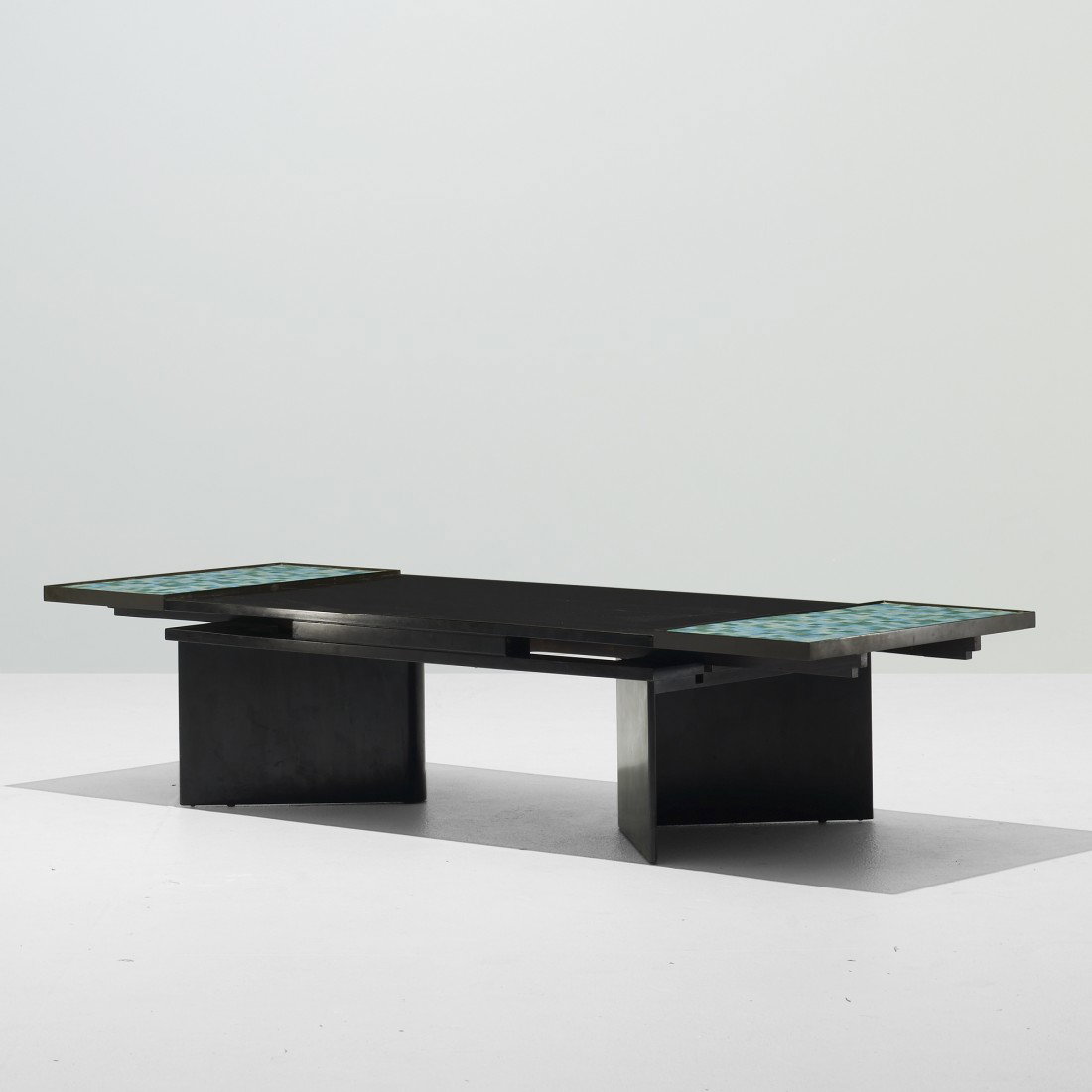 Edward Wormley coffee table, model 5427: Edward Wormley coffee table, model 5427 Dunbar USA, 1954/c. 1957 lacquered mahogany, Murano glass tiles, brass 68.75 w x 24.75 d x 14.5 h inches Sold with two 12.25-inch leaves; table measures 44 inch