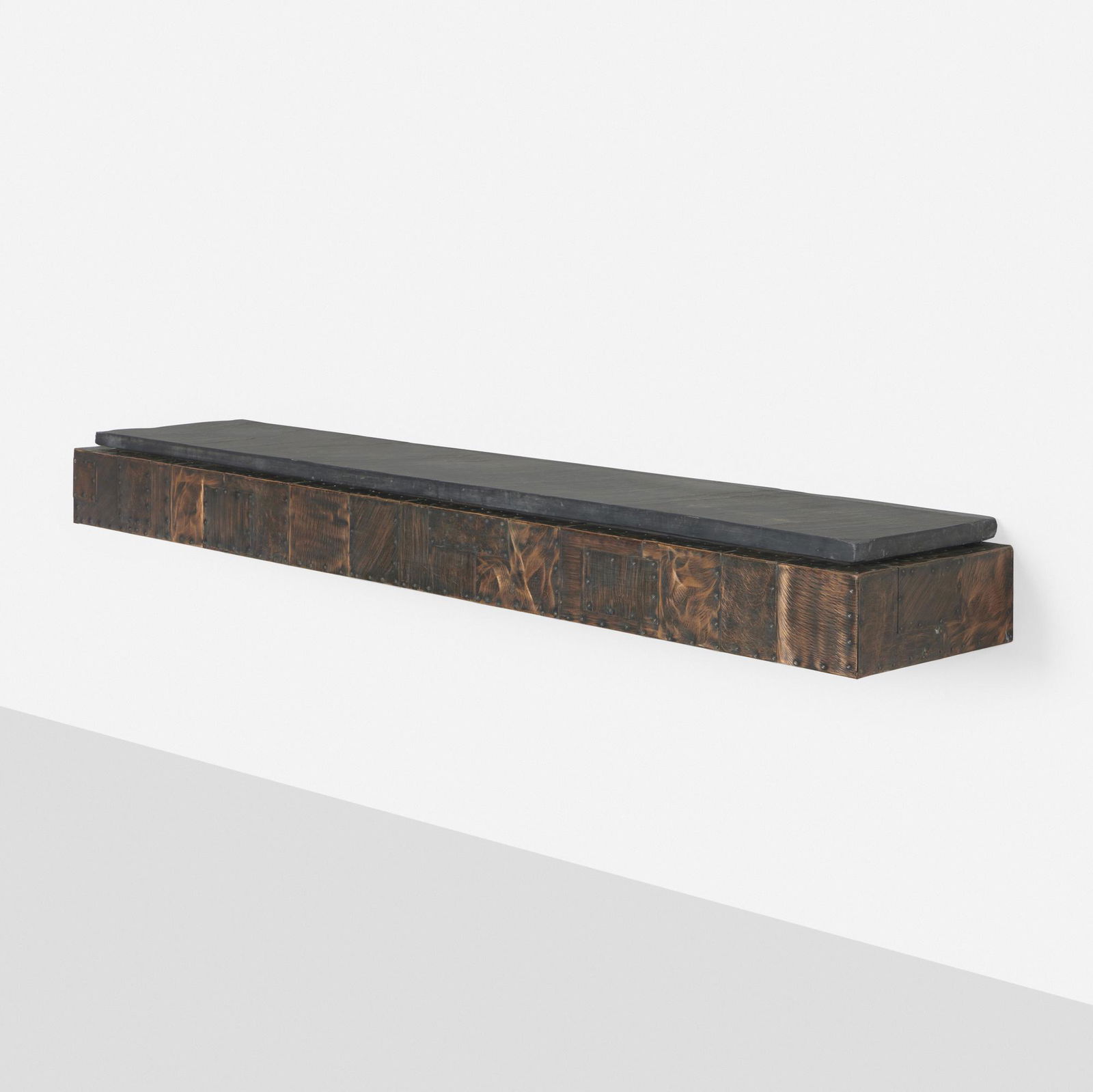 Paul Evans, Wall-mounted shelf: Paul Evans Wall-mounted shelf Paul Evans Studio for DirectionalUSA, c. 1965patinated copper, slate 6.25 h × 66.25 w × 13 d in (16 × 168 × 33 cm) Provenanc