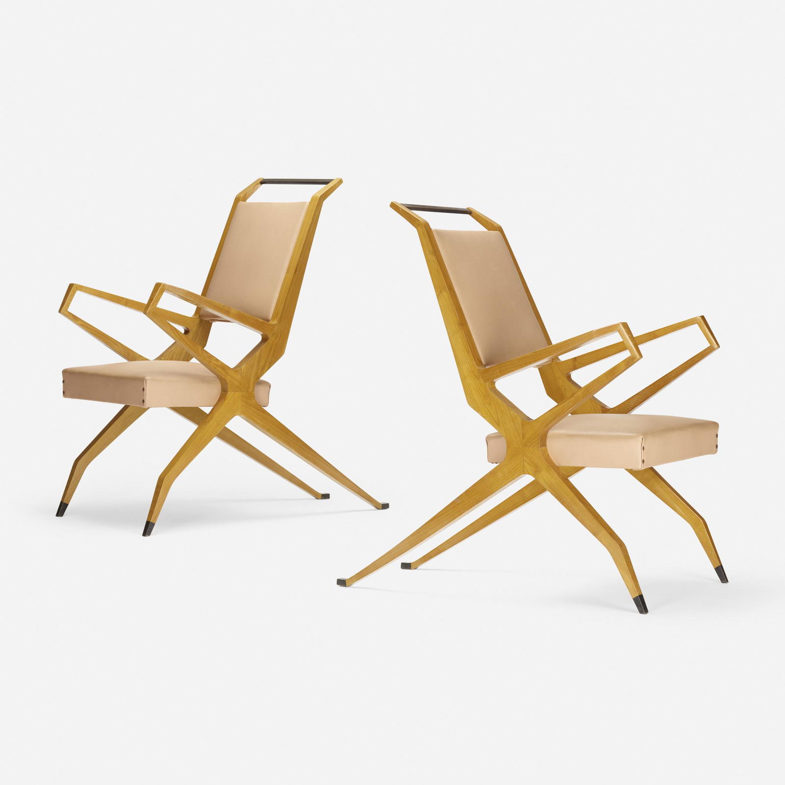 Campo and Graffi, attribution, Armchairs, pair: Franco Campo and Carlo Graffi, attribution Armchairs, pair Italy, c. 1955ash, lacquered wood, vinyl, brass 43 h × 22.75 w × 40 d in (109 × 58 × 102 cm) Provenan