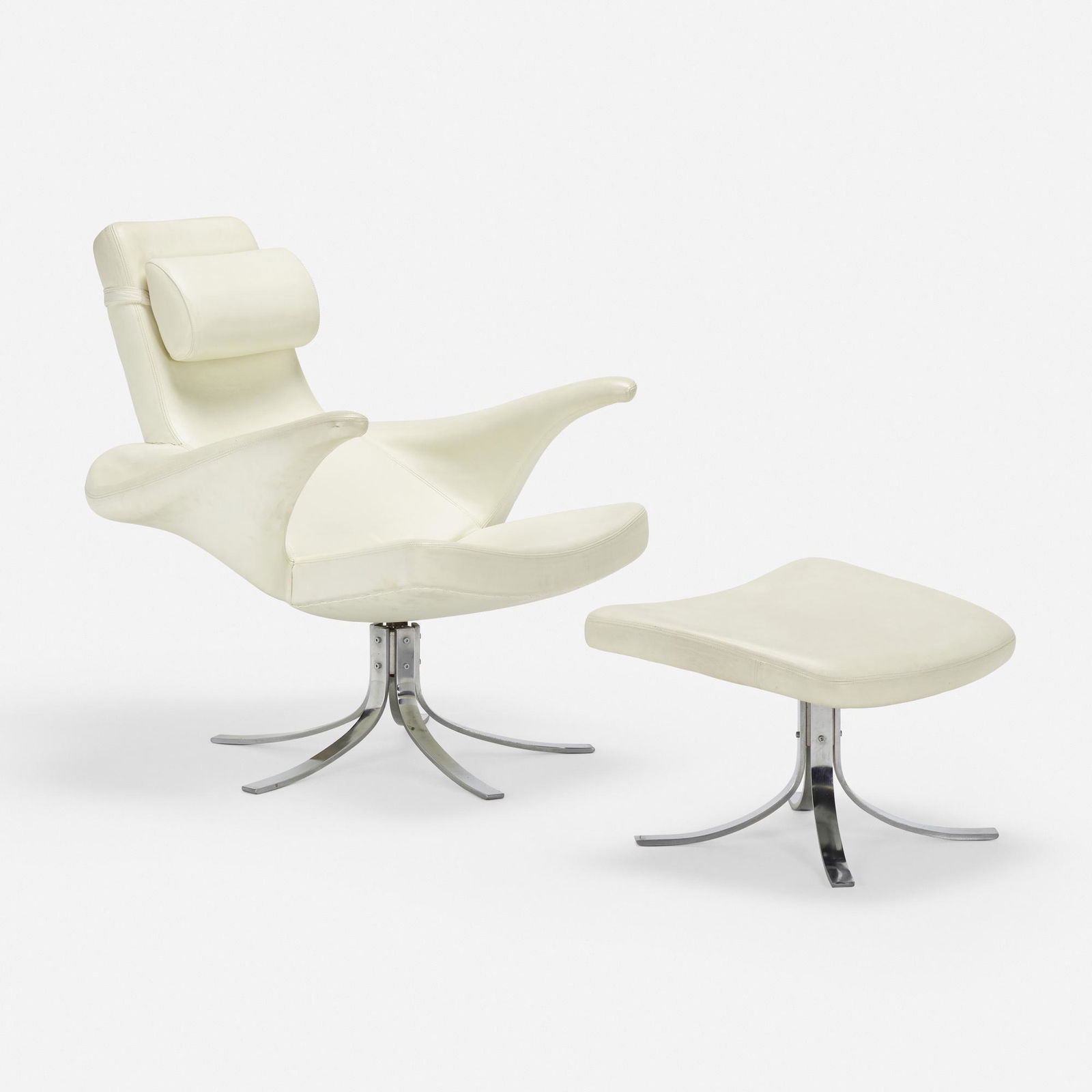 Berg and Eriksson, Seagull chair and ottoman: Gosta Berg and Stenerik Eriksson Seagull chair and ottoman Fritz HansenDenmark, 1968 / 1971chrome-plated steel, leather chair: 36 h × 38 w × 40 d in (91 × 97 × 102 cm)