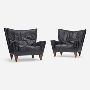 Illum Wikkelso, Pyramid lounge chairs: Illum Wikkelso Pyramid lounge chairs model V11, pair Holger ChristiansenDenmark, c. 1965leather, rosewood 33.5 h × 37.5 w × 36 d in (85 × 95 × 91 cm)