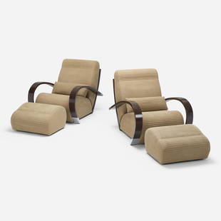 Clapes, Casablanca lounge chairs and ottomans: Jaime Tresserra Clapes Casablanca lounge chairs and ottomans, pair TresserraSpain, 1987 / 2010stained beech, upholstery, chrome-plated brass chair: 33 h Ã— 31.25 w Ã— 40 d in (84 Ã— 79 Ã—