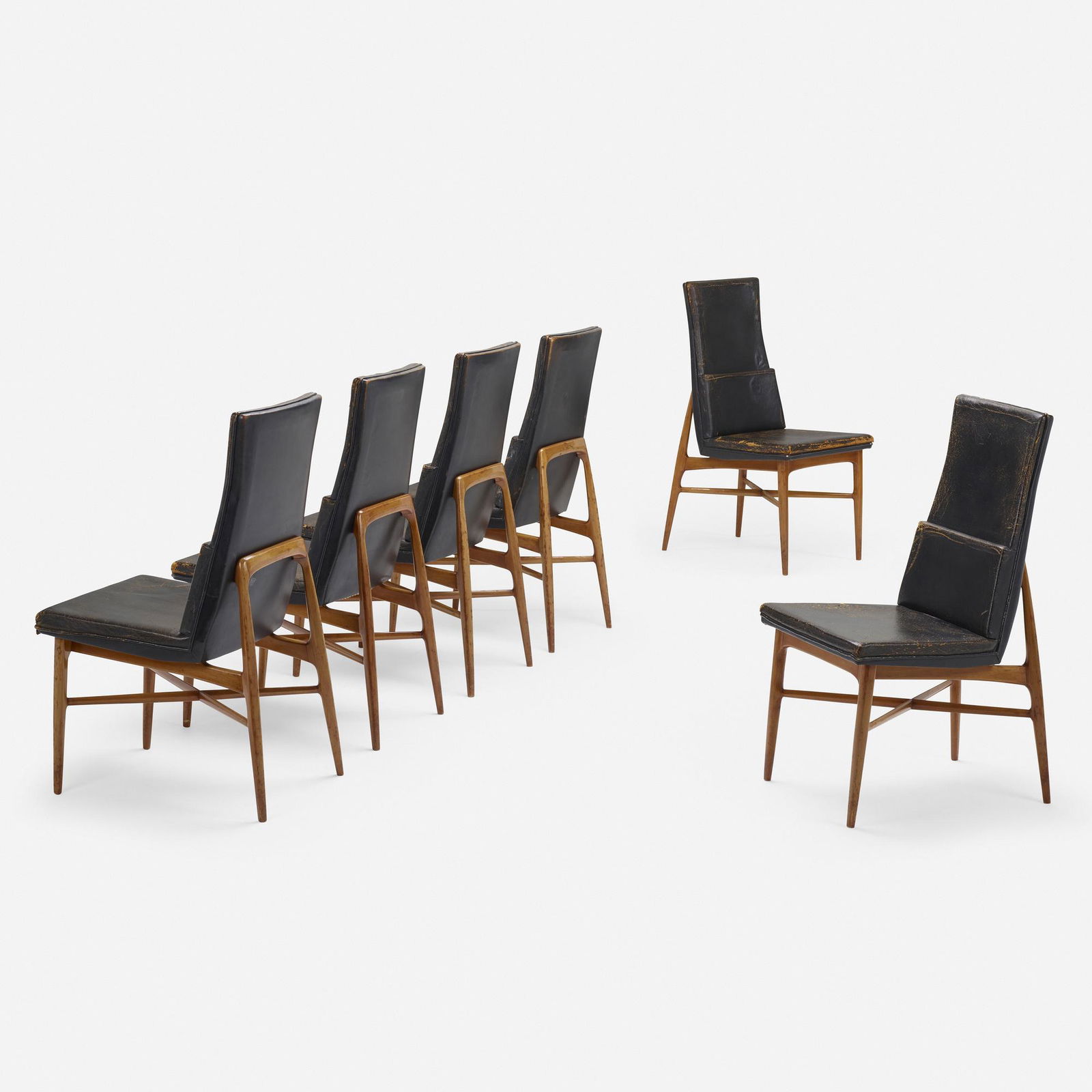 Fred Sandra, Madison dining chairs, set of six: Fred Sandra Madison dining chairs, set of six De Coene FreresBelgium, c. 1965leather, Italian walnut 38.75 h Ã— 19.75 w Ã— 23 d in (98 Ã— 50 Ã— 58 cm) Provenance: Privat