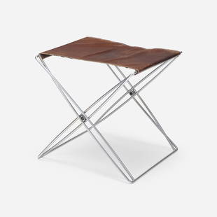 Jorgen Gammelgaard, Folding stool: Jorgen Gammelgaard Folding stool Design ForumDenmark, 1970chrome-plated steel, leather 19.5 h × 20 w × 18 d in (50 × 51 × 46 cm) Provenance: Priv