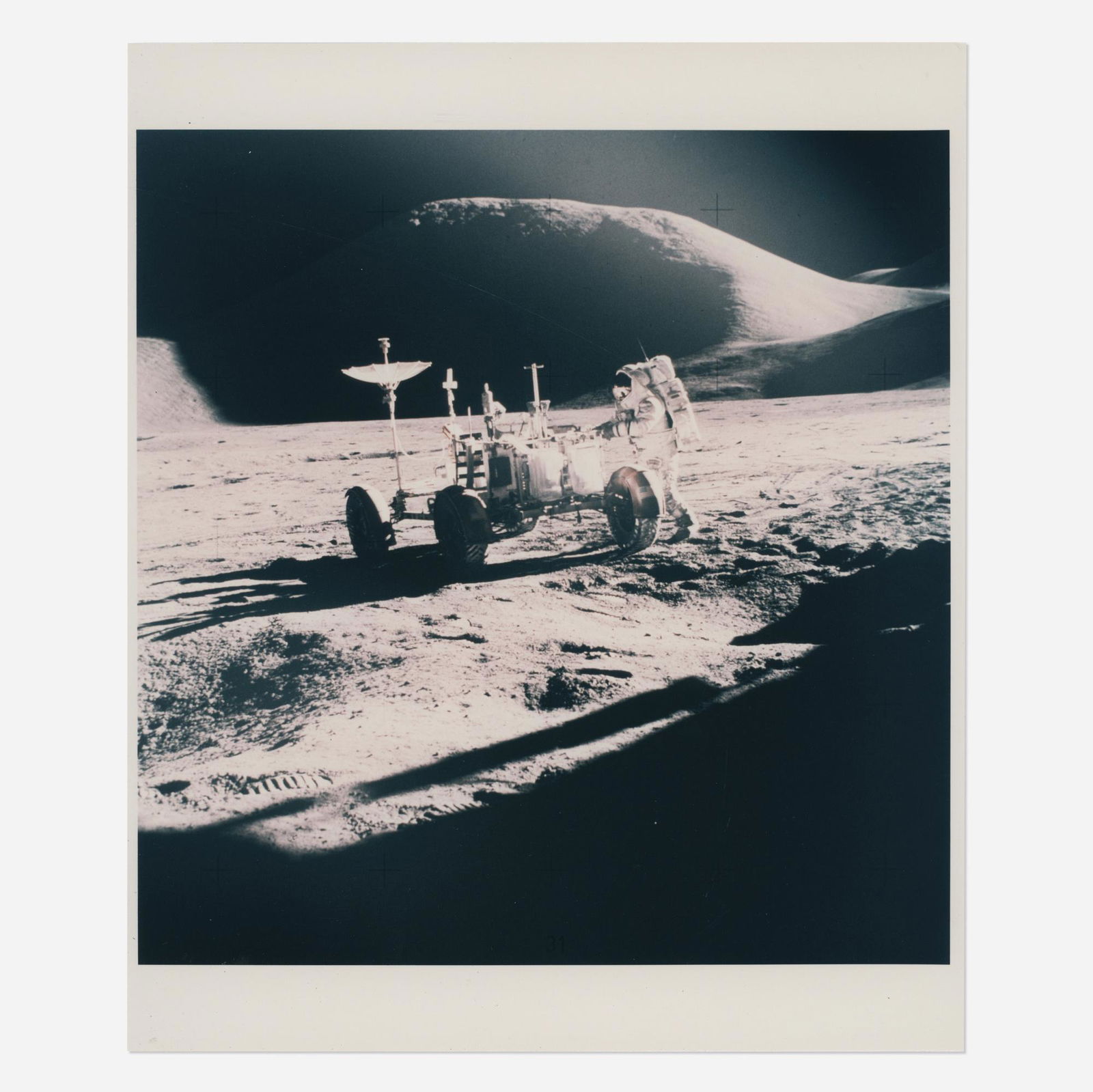 Portrait of James Irwin and the Lunar Rover: Portrait of James Irwin and the Lunar Rover in front of Mount Hadley, David, Scott [Apollo 15], 26 July - 7 August 1971, EVA 1 printed 1971vintage chromogenic print on fiber-based Kodak paper 10 h &ti
