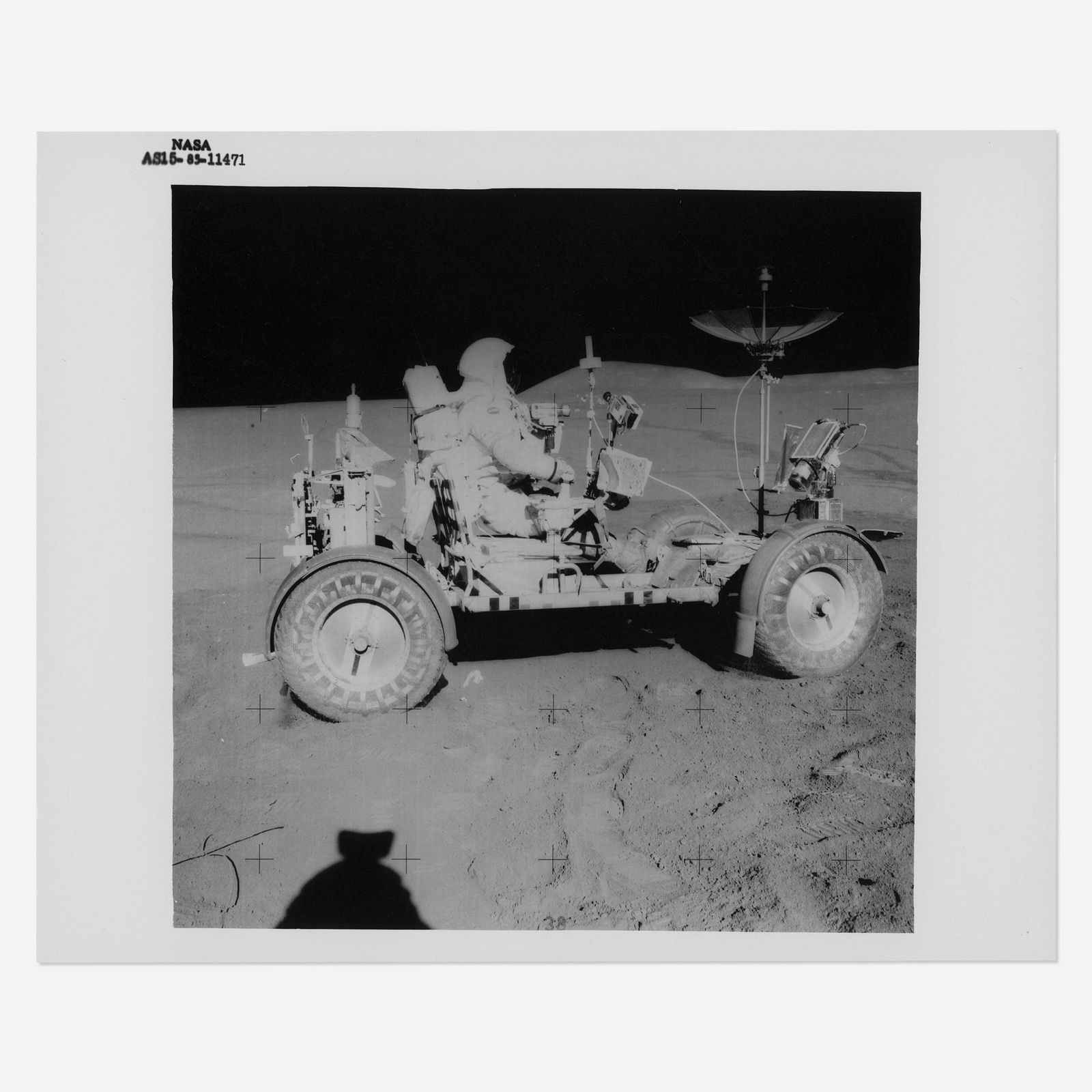David Scott driving the Lunar Rover: David Scott driving the Lunar Rover, James Irwin [Apollo 15], 26 July - 7 August 1971, EVA 2 printed 1971vintage gelatin silver print on fiber-based paper 10 h × 8 w in (25 × 20 cm) James