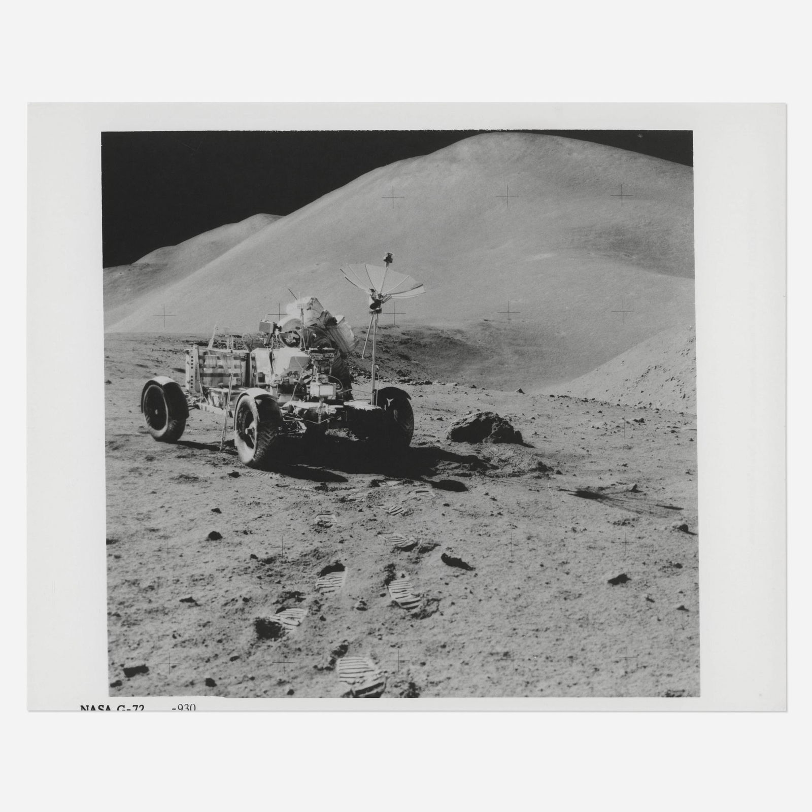 Scott, Rover, Mt. Hadley Delta & Hadley Canyon: David Scott, the Rover, Mount Hadley Delta and Hadley Canyon, James Irwin [Apollo 15], 26 July - 7 August 1971, EVA 3 printed 1972vintage gelatin silver print on fiber-based paper 8 h × 10 w in
