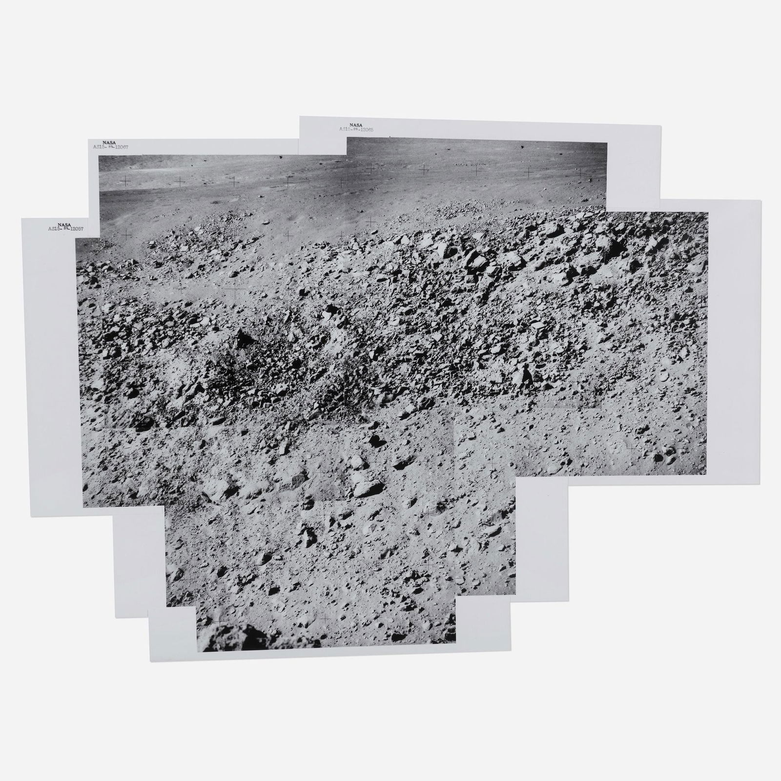 Panorama of crater on wall of Hadley Canyon: Telephoto panorama of a rocky crater on the wall of Hadley Canyon, viewed from station 9A, David Scott [Apollo 15], 26 July - 7 August 1971, EVA 3 printed 1971collage of vintage gelatin silver prints