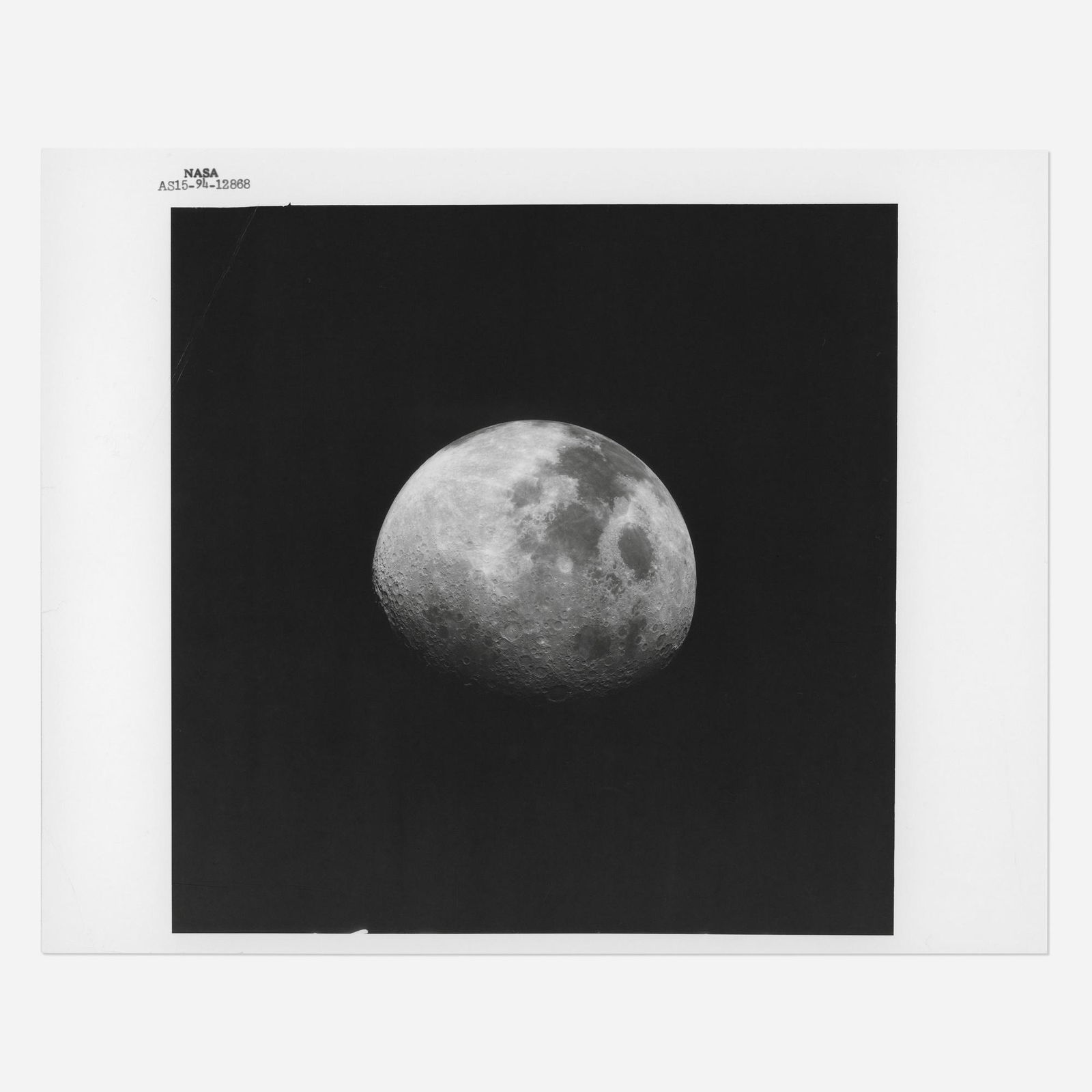 The whole Moon after trans Earth injection: The whole Moon after trans Earth injection, Alfred Worden, James Irwin, or David Scott [Apollo 15], 26 July - 7 August, 1971 printed 1971vintage gelatin silver print on fiber-based paper 10 h ×