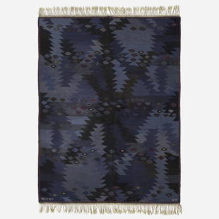 Barbro Nilsson, Tanga bla flatweave carpet: Barbro Nilsson Tanga bla flatweave carpet Marta Maas-Fjetterstrom AB Sweden, 1955 hand-woven wool 70 w × 94 l in (178 × 239 cm) Woven signature to lower edge 'AB MMF BN'. This work