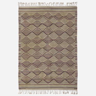 Barbro Nilsson, Graspattan flatweave carpet: Barbro Nilsson Graspattan flatweave carpet Marta Maas-Fjetterstrom AB Sweden, 1943 hand-woven wool 56.5 w × 82.5 l in (144 × 210 cm) Woven signature to lower edge 'AB MMF BN'. This