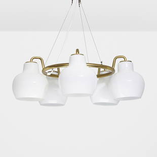 Vilhelm Lauritzen, Christiansborg chandelier: Vilhelm Lauritzen Christiansborg chandelier Louis PoulsenDenmark, c. 1955brass, milk glass 22.25 h × 26.5 dia in (57 × 67 cm) This work will ship from Wright in