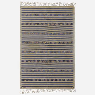 Barbro Nilsson, Blabar flatweave carpet: Barbro Nilsson Blabar flatweave carpet Marta Maas-Fjetterstrom ABSweden, 1946hand-woven wool 58.5 w × 90 l in (149 × 229 cm) Woven signature to lower edge 'AB MMF BN'.