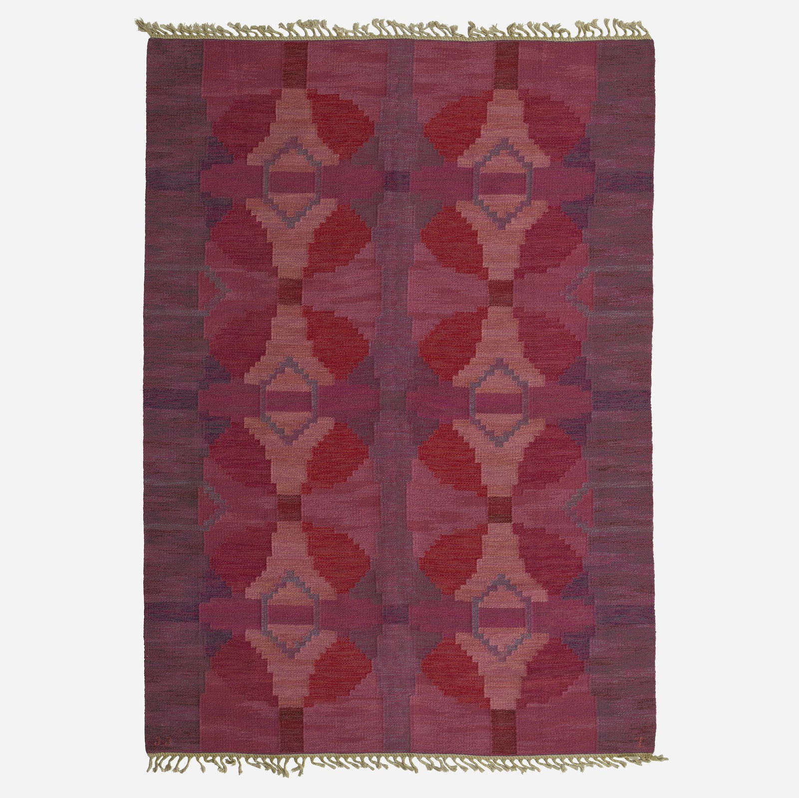 Judith Johansson, Flatweave carpet: Judith Johansson Flatweave carpet Sweden, c. 1955hand-woven wool 77.5 w × 111 l in (197 × 282 cm) Woven signature to lower edge 'JJ I'. Provenance: Wright,