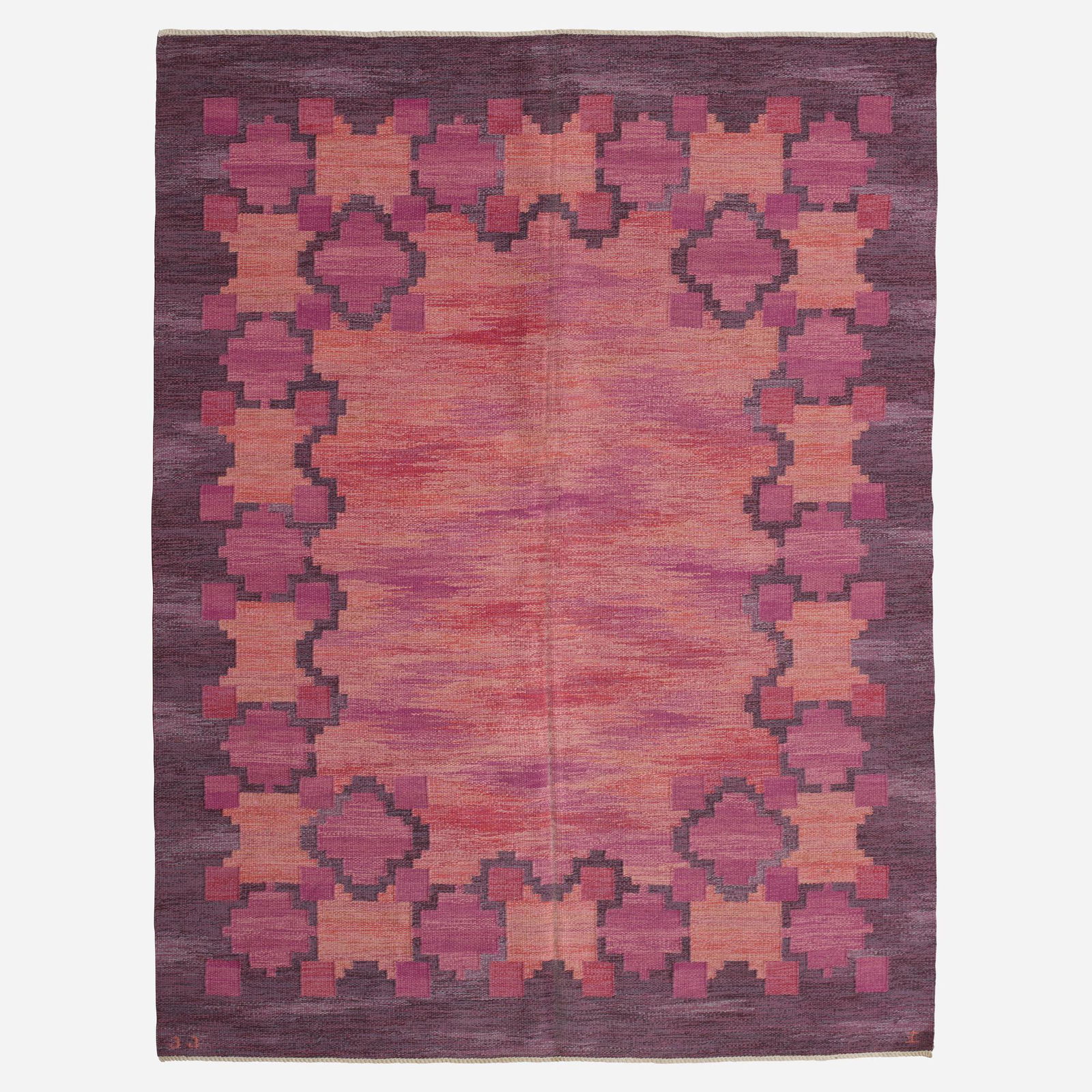 Judith Johansson, Flatweave carpet: Judith Johansson Flatweave carpet Sweden, 1960hand-woven wool 77 w × 104 l in (196 × 264 cm) Woven signature to edge 'JJ'. This work will ship from Wright in Ch