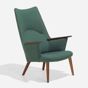 Hans J. Wegner, Lounge chair, model AP 27: Hans J. Wegner Lounge chair, model AP 27 A.P. StolenDenmark, c. 1954upholstery, oak 41 h × 29 w × 31 d in (104 × 74 × 79 cm) Literature: Hans