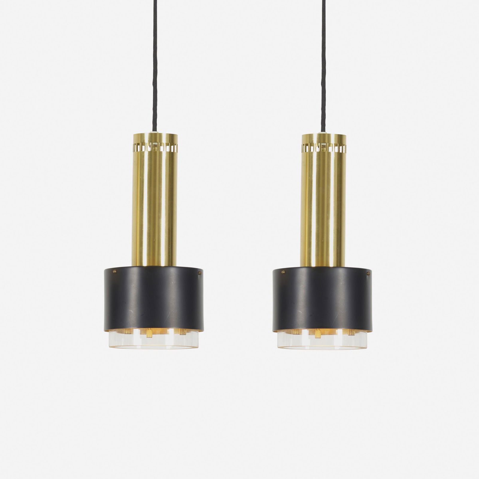 Kai Korbing, Pendant lamps, pair: Kai Korbing Pendant lamps, pair LyfaDenmark, c. 1960brass, glass, enameled brass 13 h × 6 dia in (33 × 15 cm) Paper manufacturer's tag to each example 'Lyfa'.