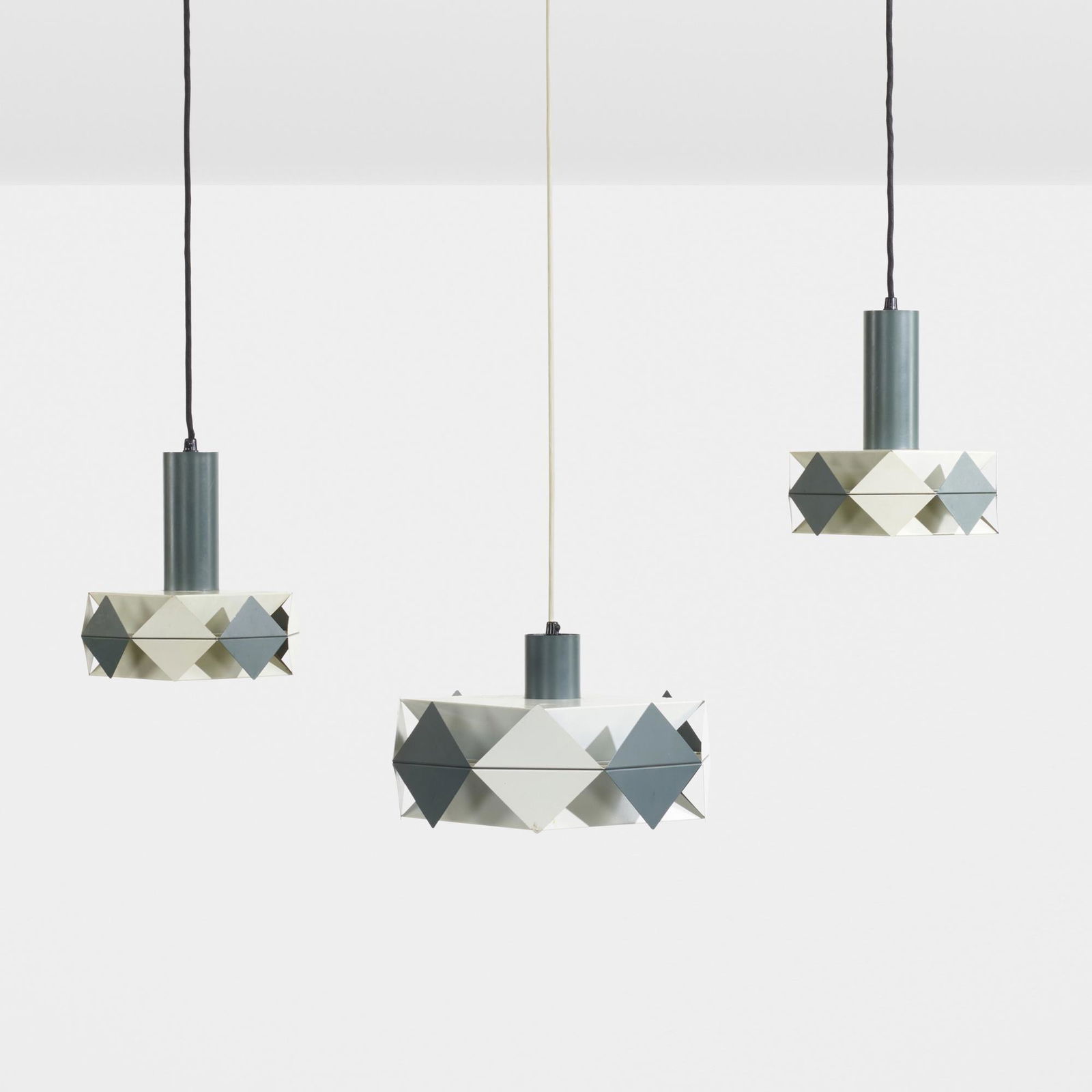 Preben Dal, Pendant lamps, set of three: Preben Dal Pendant lamps, set of three Hans Folsgaard A/SDenmark, c. 1965enameled steel largest: 7.5 h × 11 dia in (19 × 28 cm) smallest: 9.5 h × 8 dia in (24 × 20 cm