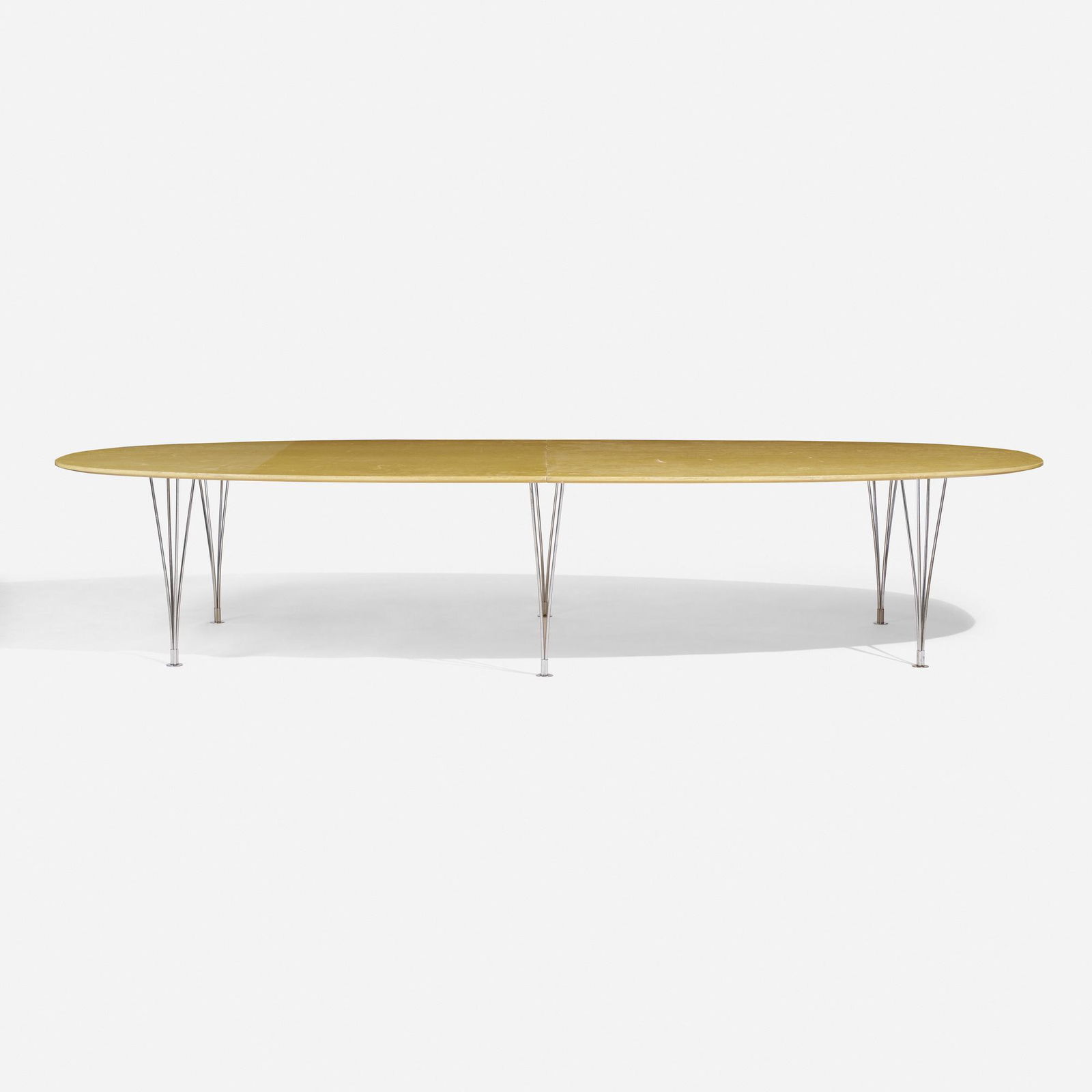 Jacobsen, Hein and Mathsson, Dining table: Arne Jacobsen, Piet Hein and Bruno Mathsson Super Ellipse dining table Bruno Mathsson InternationalDenmark / Sweden, 1986bird's-eye maple, chrome-plated steel 27.5 h × 141 w × 63 d