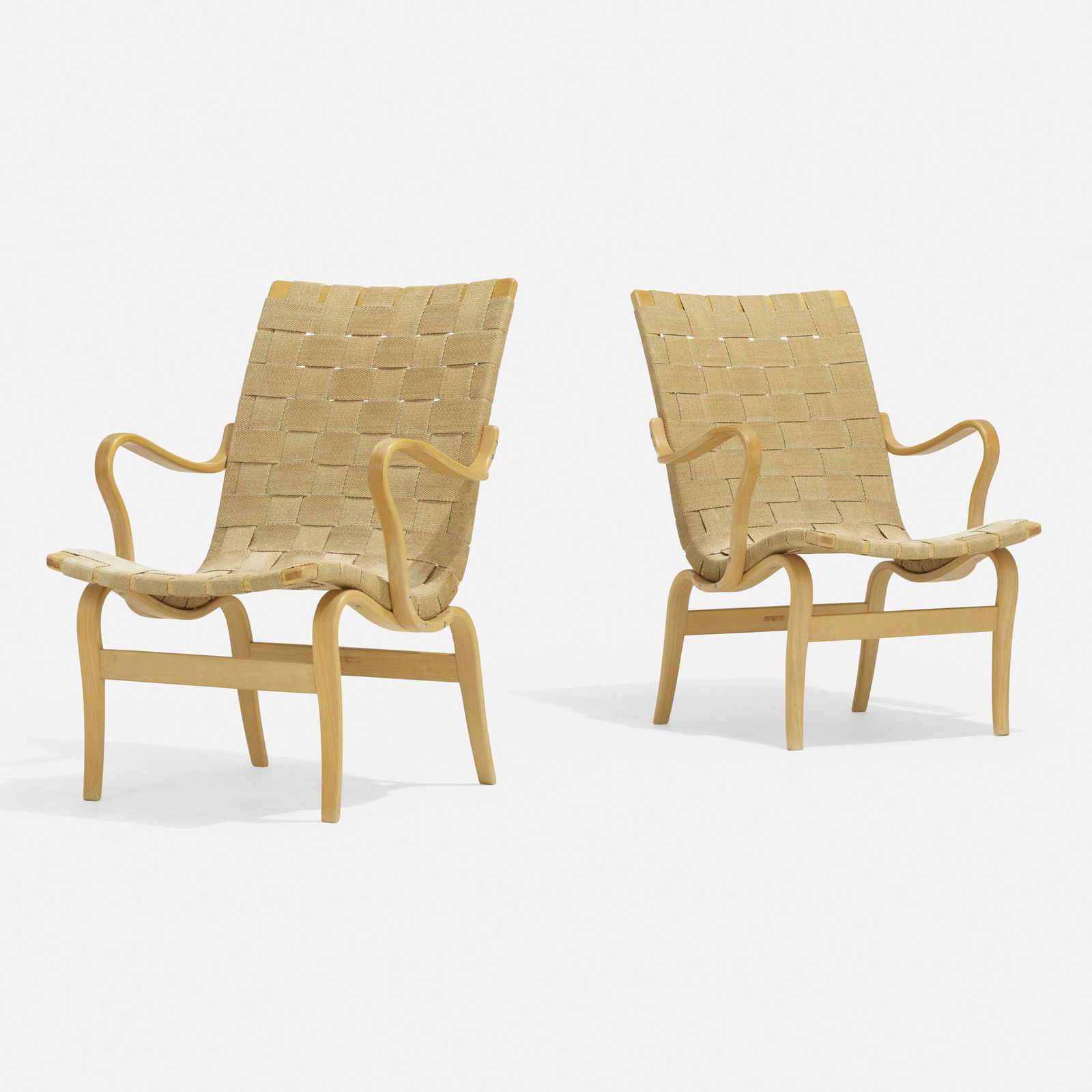 Bruno Mathsson, Pernilla chairs, pair: Bruno Mathsson Pernilla chairs, pair Firma Karl MathssonSweden, 1941 / 1977laminated and steam-bent beech, canvas webbing 32.75 h × 23.75 w × 27.5 d in (83 × 60 × 70 cm)