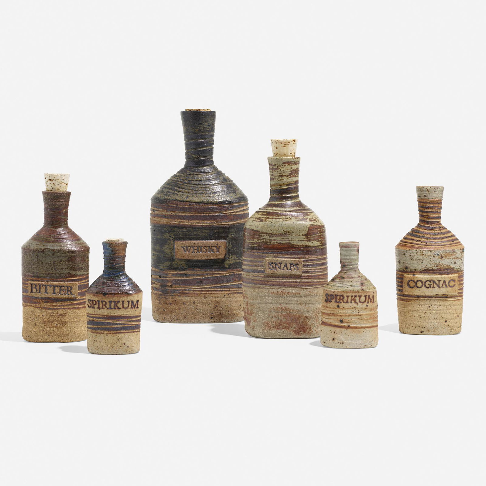Tue Poulsen, Collection of six spirit bottles: Tue Poulsen Collection of six spirit bottles Haslev Mobelsnedkeri A/SDenmark, c. 1960glazed earthenware, cork largest: 12 h × 5.5 w × 3.25 d in (30 × 14 × 8 cm) small