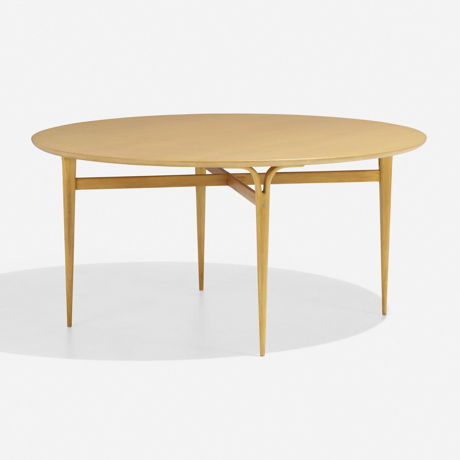 Bruno Mathsson, Linda dining table: Bruno Mathsson Linda dining table Firma Karl MathssonSweden, c. 1945 / 1964oak, beech 28.5 h × 59 dia in (72 × 150 cm) Branded manufacturer's mark twice to underside 'Bruno M