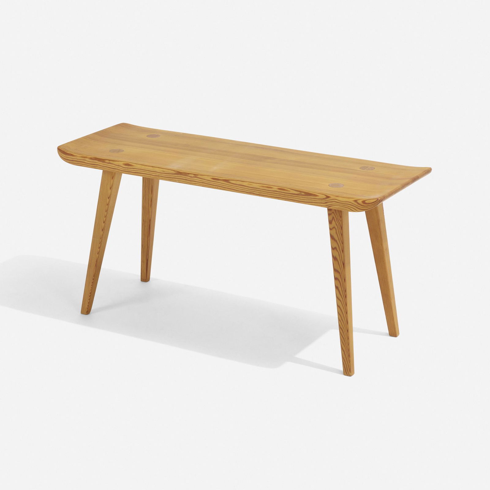 Carl Malmsten, Bench: Carl Malmsten Bench Karl Andersson & SonerSweden, 1953pine 17.25 h × 35.25 w × 13 d in (44 × 90 × 33 cm) Decal manufacturer's label to underside 'Karl Andersson &