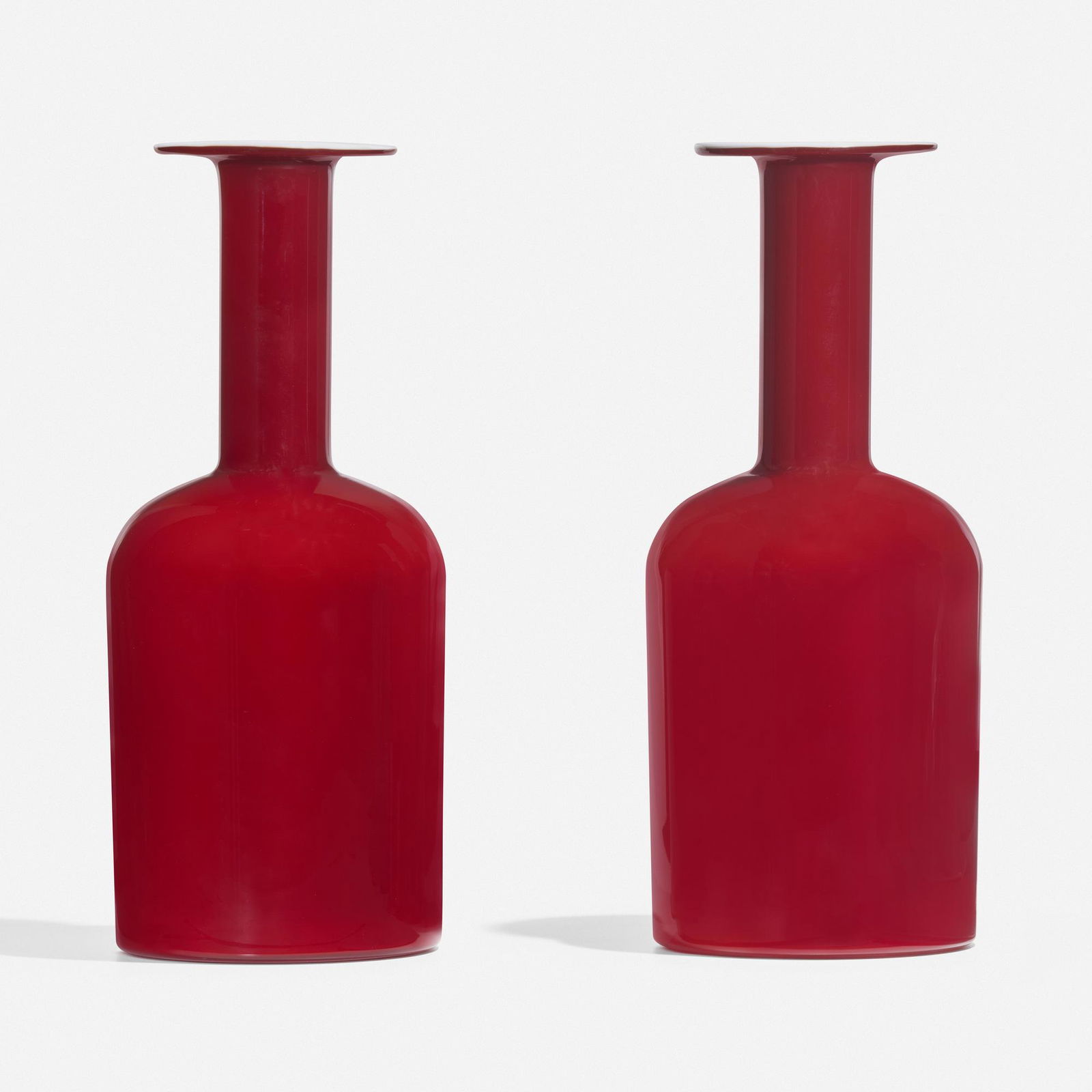 Otto Brauer, Vases from the Gulvvase series, pair: Otto Brauer Vases from the Gulvvase series, pair Kastrup-HolmegaardDenmark, c. 1958glass 14.25 h × 6 dia in (36 × 15 cm) Decal manufacturer's label to lower edge of one examp