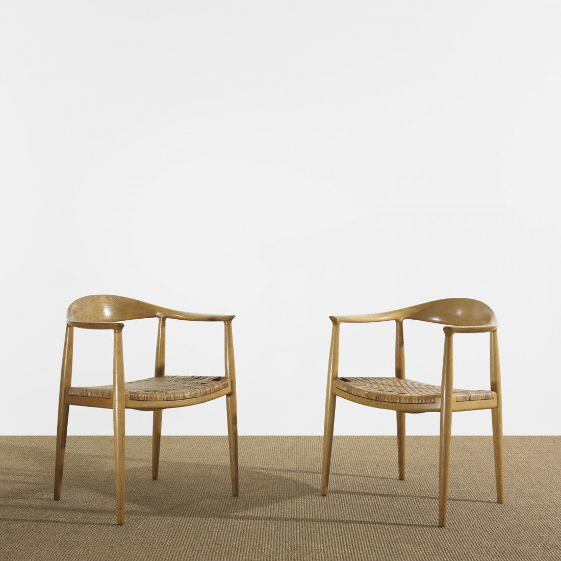 Hans Wegner The Chairs, pair: Hans Wegner The Chairs, pair Johannes Hansen Denmark, 1949 oak, cane 24.75 w x 23 d x 29.5 h inches Signed with branded manufacturer's mark to underside of each example: [Johannes Hansen Copenhagen De