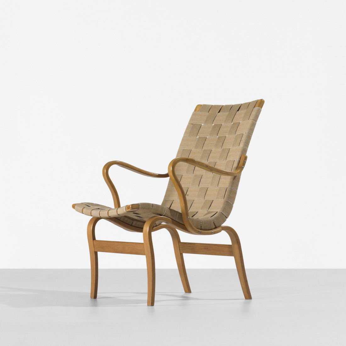 Bruno Mathsson Eva lounge chair: Bruno Mathsson Eva lounge chair Karl Mathsson Sweden, 1935/1973 laminated steam-bent beech, canvas 24 w x 27 d x 33 h inches Signed with branded manufacturer's marks to underside: [Firma Karl Mathsson