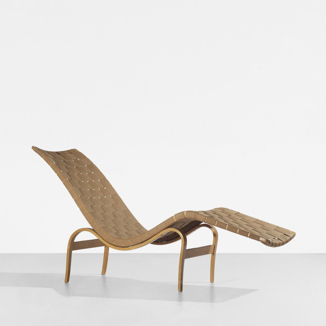 Bruno Mathsson Pernilla chaise: Bruno Mathsson Pernilla chaise Karl Mathsson Sweden, 1936 laminated steam-bent beech, canvas 61 w x 20 d x 33 h inches Signed with applied manufacturer's label to underside: [Bruno Mathsson Firma Karl