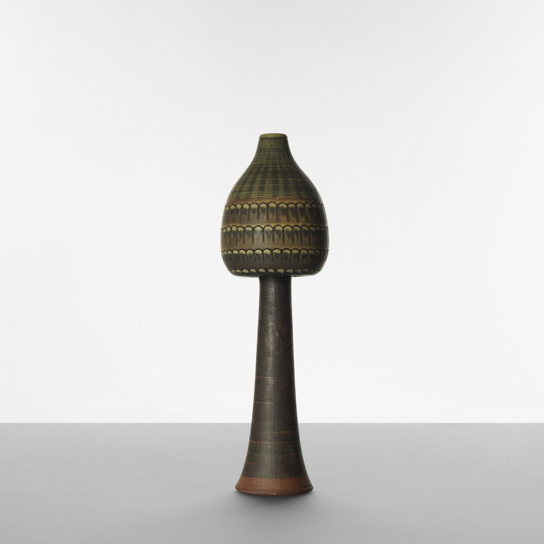 Wilhelm Kåge Farsta vase: Wilhelm Kåge Farsta vase Gustavsberg Sweden, c. 1950 glazed stoneware 5.5 dia x 17.75 h inches Impressed signature and studio mark to underside: [Kage Farsta Gustavsberg Studio] with decal manufactur