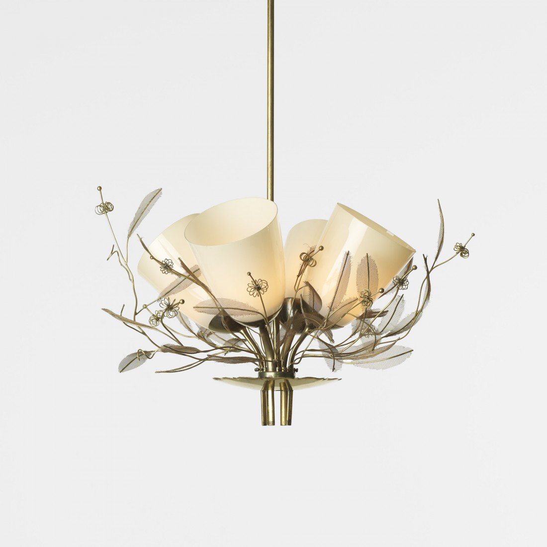 Paavo Tynell chandelier: Paavo Tynell chandelier Taito OY Finland, c. 1950 brass, frosted glass 24 dia x 28 h inches Signed with impressed manufacturer's mark to fixture: [OY Taito AB Made in Finland TT 9029/A].