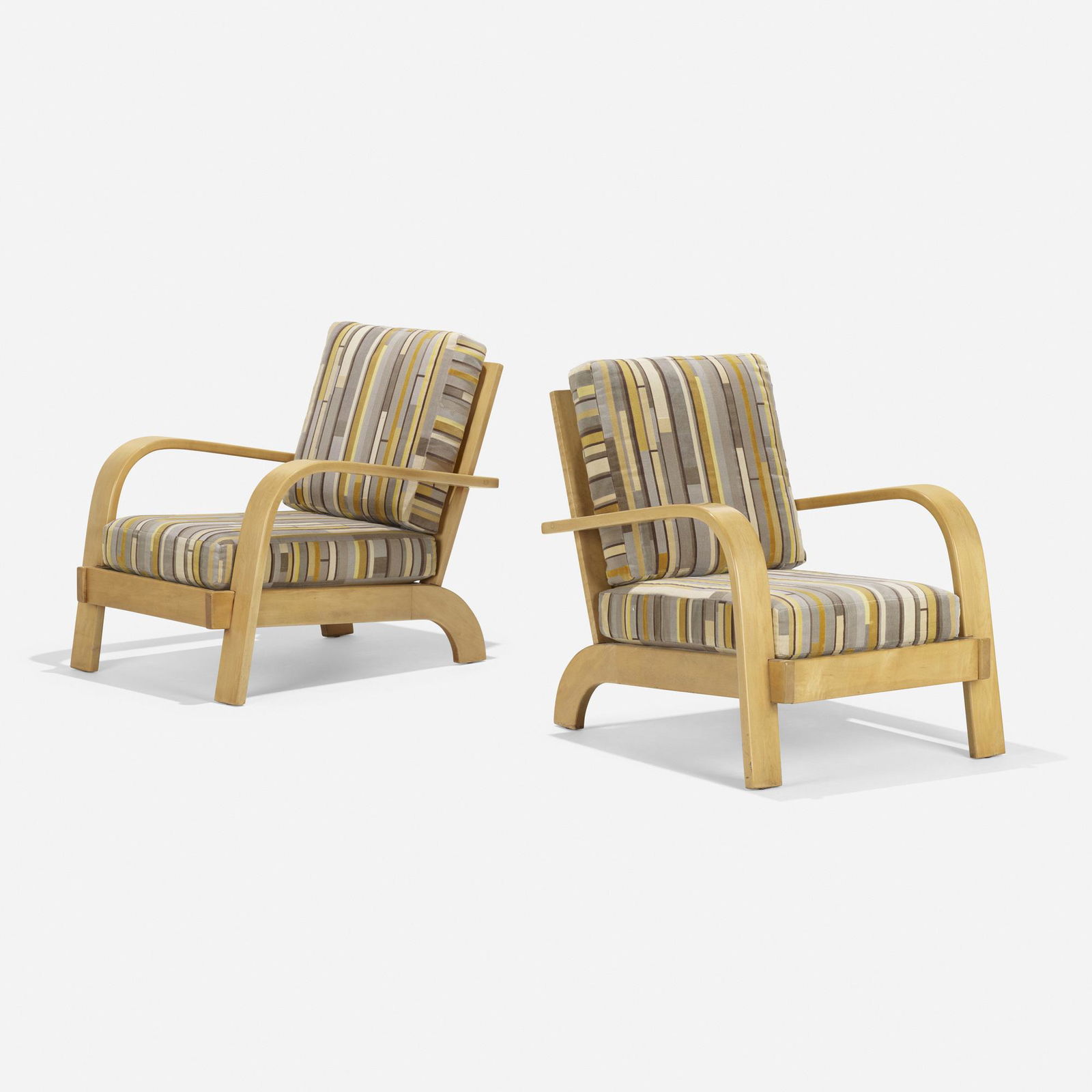 Russel Wright, Lounge chairs, pair: Russel Wright Lounge chairs, pair Conant BallUSA, c. 1936maple, upholstery 32 h x 35 w x 27.25 d in (81 x 89 x 69 cm) Provenance: Collection of Mark McDonald