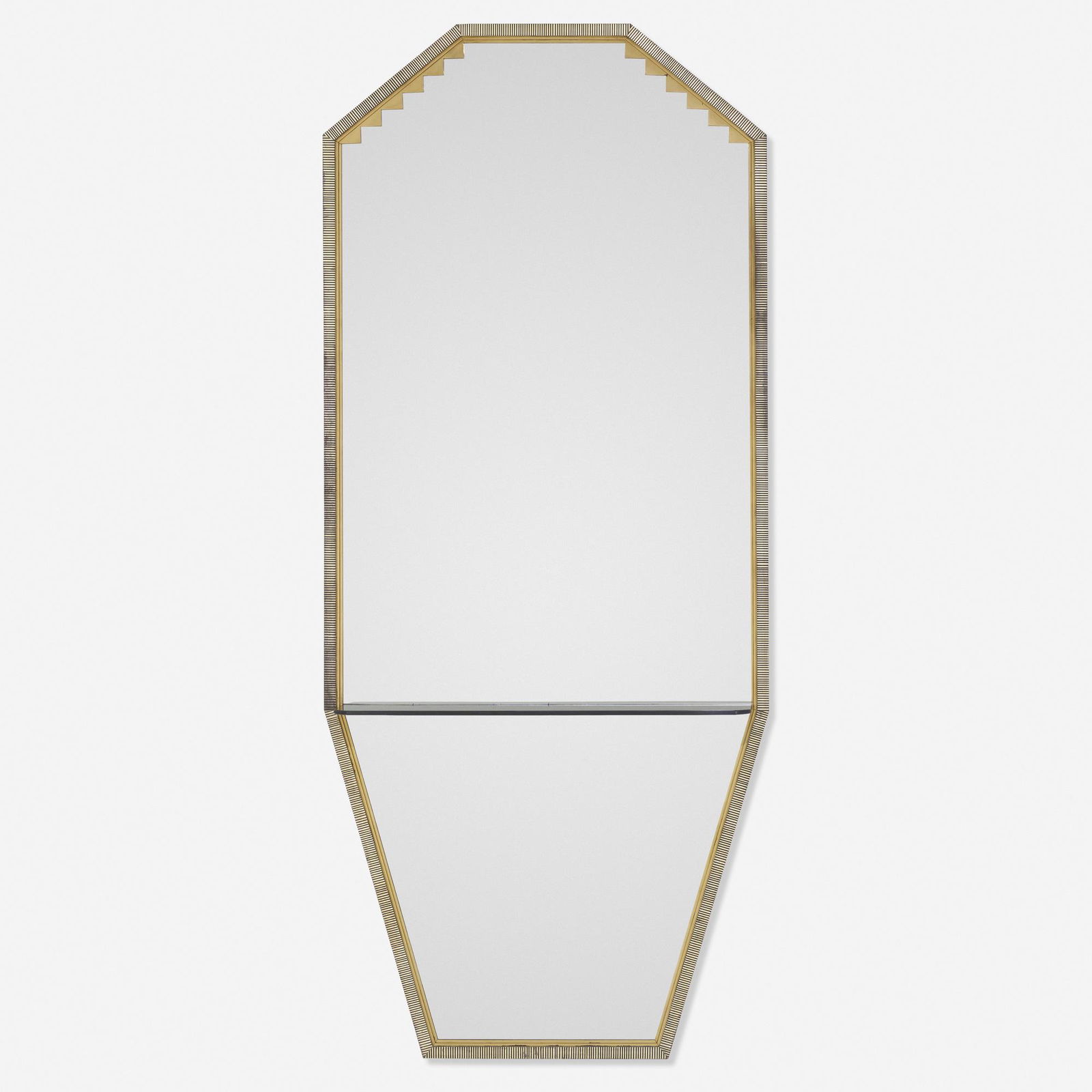 Art Deco, Wall mirror: Art Deco Wall mirror France, c. 1930gilt metal, mirrored glass, Bakelite 84.25 h x 36 w x 7.5 d in (214 x 91 x 19 cm) Mirror features a floating shelf. Provenance: Coll