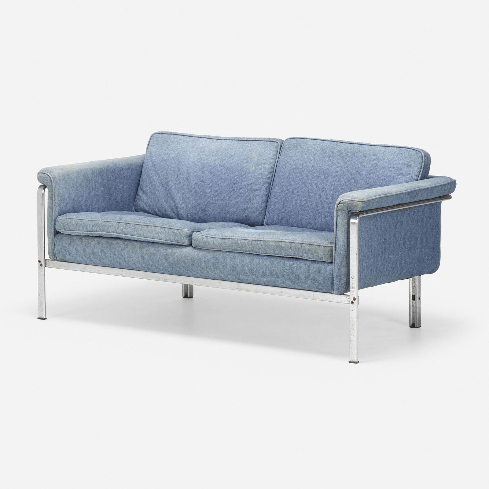 Horst Bruning, Sofa, model 6912: Horst Bruning Sofa, model 6912 Alfred KillGermany, 1967chrome-plated steel, denim 27 h x 56 w x 30 d in (69 x 142 x 76 cm) Literature: Kill International, manufac