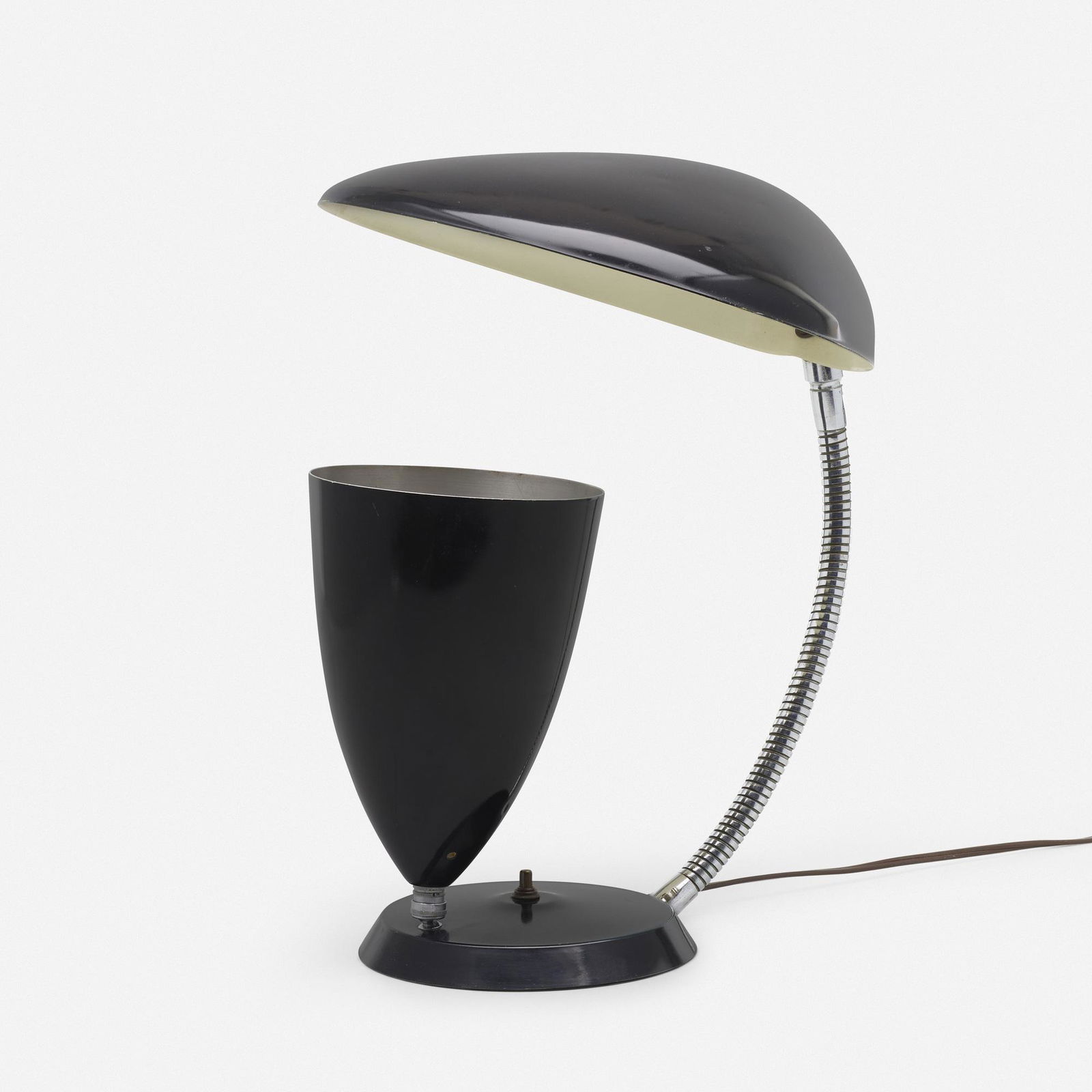 Greta Magnusson Grossman, Cobra table lamp: Greta Magnusson Grossman Cobra table lamp Ralph O. SmithSweden / USA, 1948enameled aluminum, chrome-plated steel 16.5 h x 12 w x 11.5 d in (42 x 30 x 29 cm) Provenance: