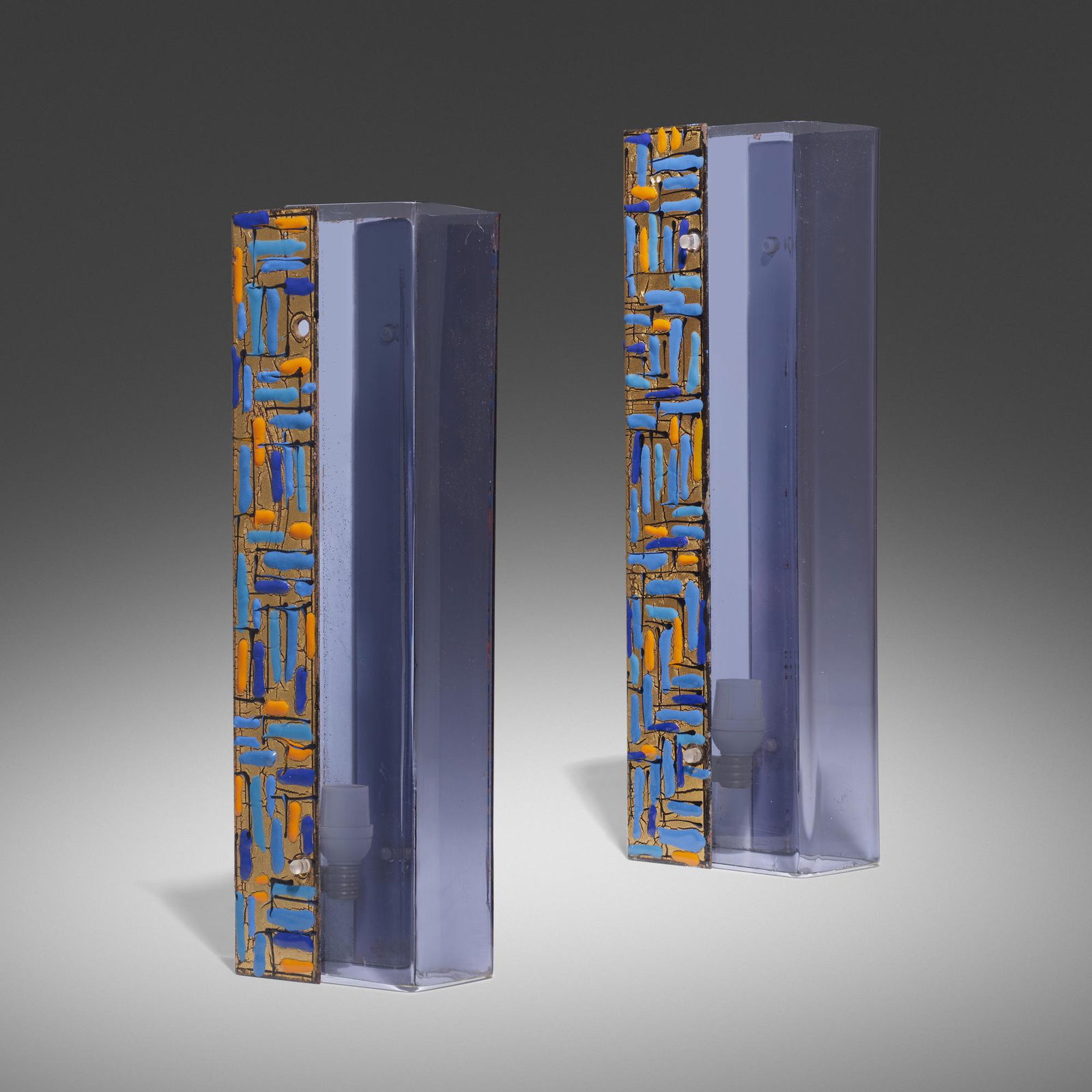 Angelo Brotto, Table lamps, pair: Angelo Brotto Table lamps, pair EsperiaItaly, c. 1960enameled steel, plastic, brass 13 h x 2.75 w x 4.5 d in (33 x 7 x 11 cm) This work will ship from Wright in Chicago, Ill