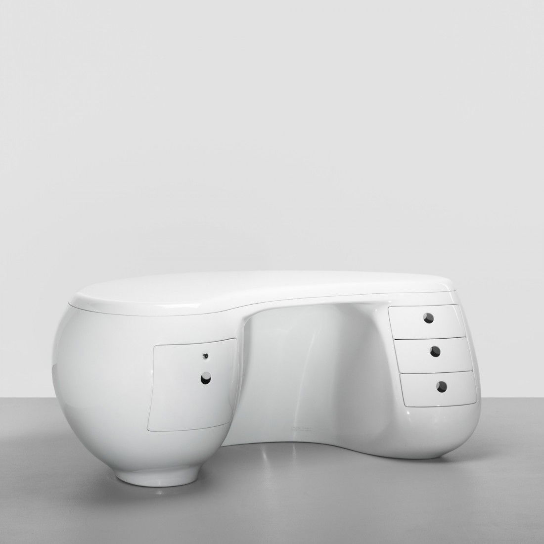 Maurice Calka Boomerang desk: Maurice Calka Boomerang desk Leleu Deshay France, 1969 fiberglass 72 w x 48 d x 29.25 h inches Signed with molded manufacturer's marks to edge: [Creation M. Calka Edition Leleu Deshays]. Literature: l