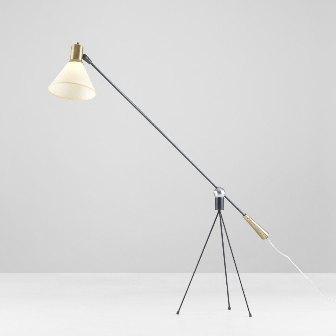 Gilbert Watrous floor lamp, model F-1-W: Gilbert Watrous floor lamp, model F-1-W Heifetz Manufacturing Co. USA, 1951 enameled steel, paper, brass, chrome-plated steel 14 w x 48 d x 42 h inches This early example features a two-part shade mad