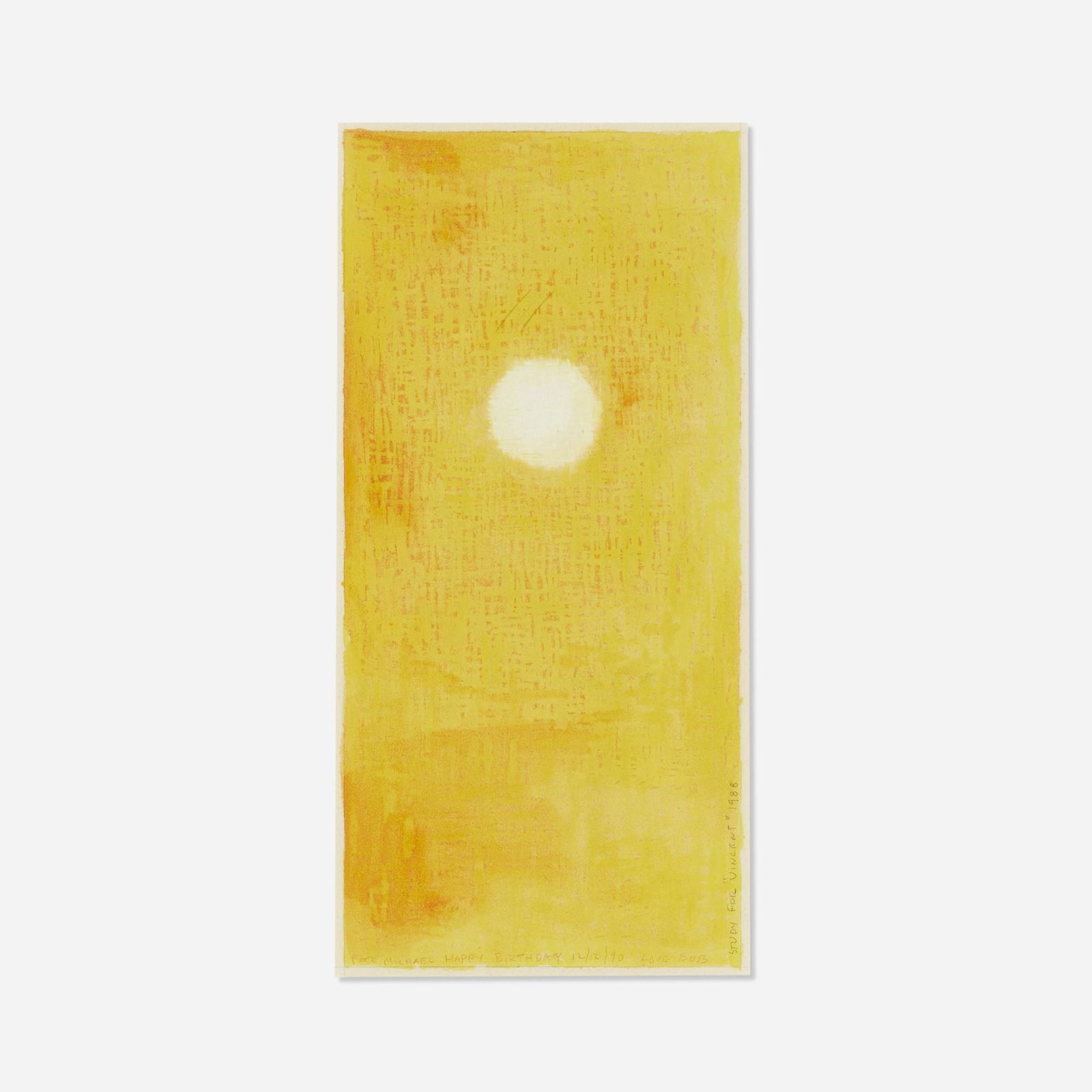 Robert Moskowitz, Study for Vincent: Robert Moskowitz Study for Vincent 1986pastel and graphite on paper 9.5 h x 6.25 w in (24 x 16 cm) Signed, titled, dated and inscribed to lower and right edges 'For Michael Happy Birthday 12/1